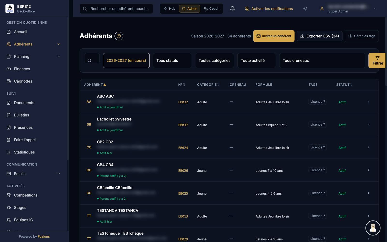 Espace bureau : liste des adhérents, Fuzions Club Manager